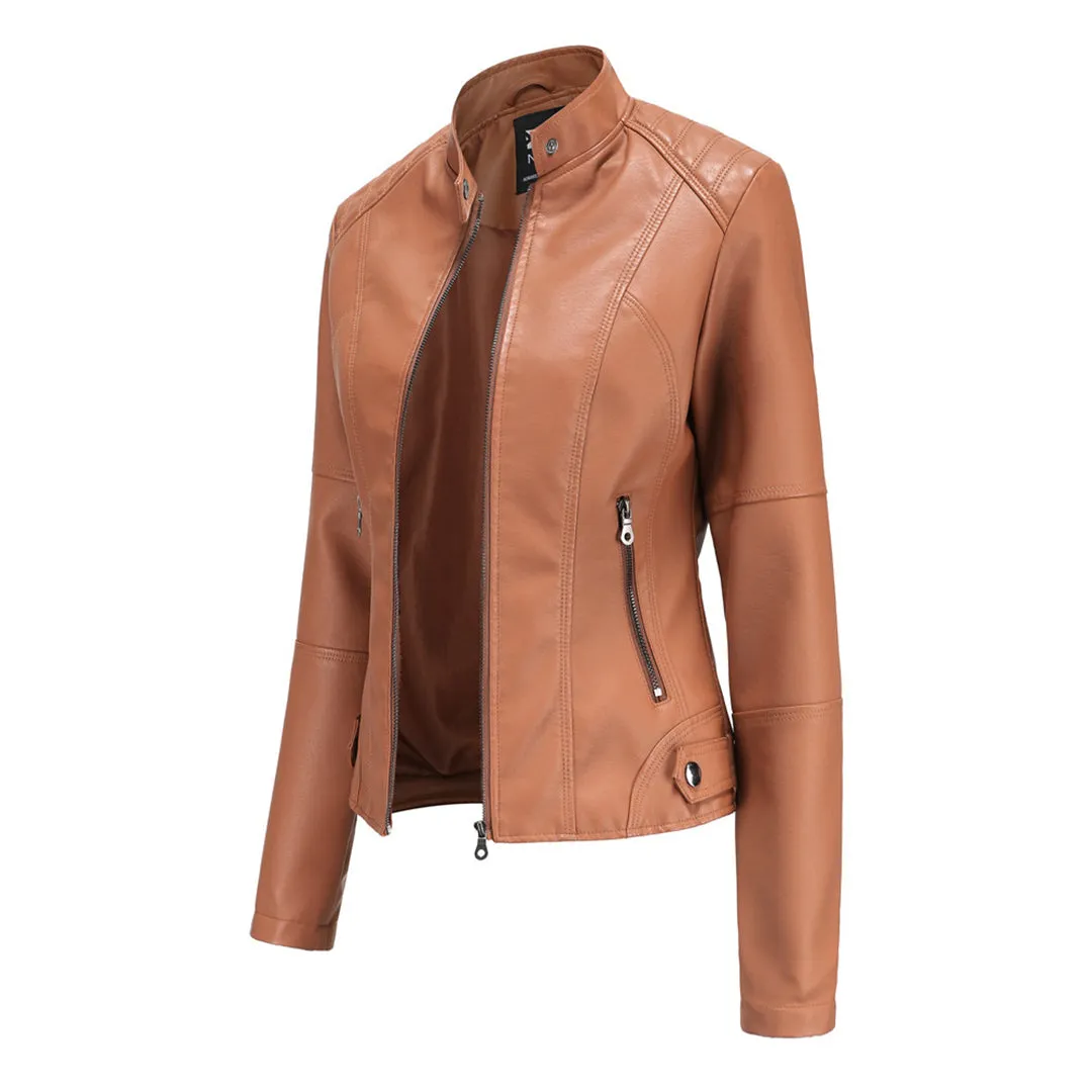 Women's Leather Jacket - Biker Style & Stand-Up Collar Detail sold by Elvoria London product image thumbnail 2