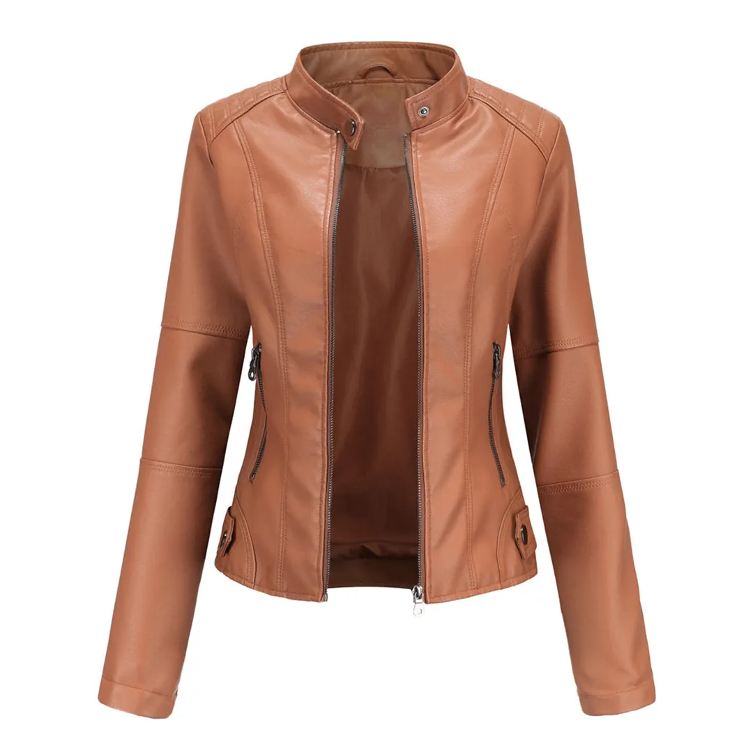 Women's Leather Jacket - Biker Style & Stand-Up Collar Detail sold by Elvoria London product image thumbnail 4