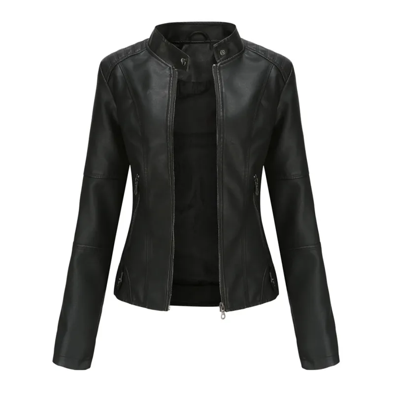 Women's Leather Jacket - Biker Style & Stand-Up Collar Detail sold by Elvoria London