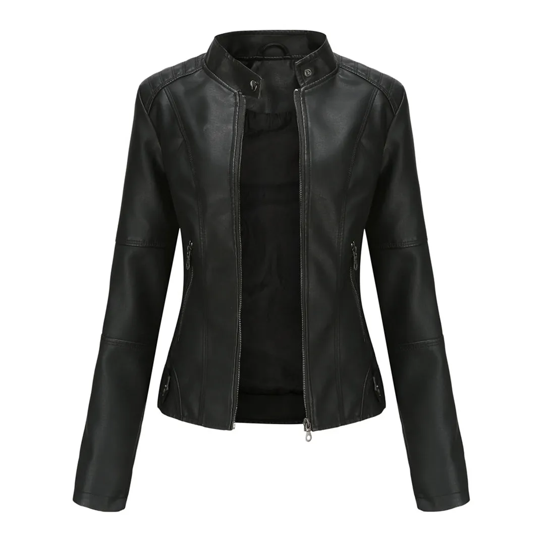 Women's Leather Jacket - Biker Style & Stand-Up Collar Detail sold by Elvoria London