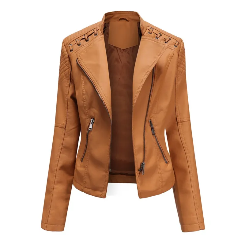 Women's Leather Jacket - Biker Style & Asymmetric Zip with Wide Lapel sold by Elvoria London