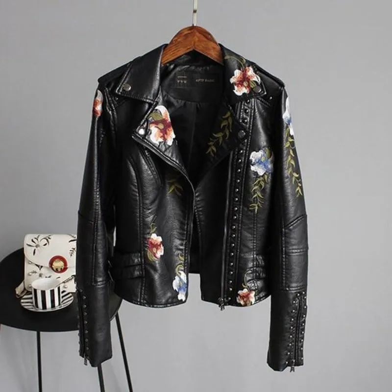 Women's Black Leather Jacket - Biker Style & Floral Embroidery with Studs sold by Elvoria London