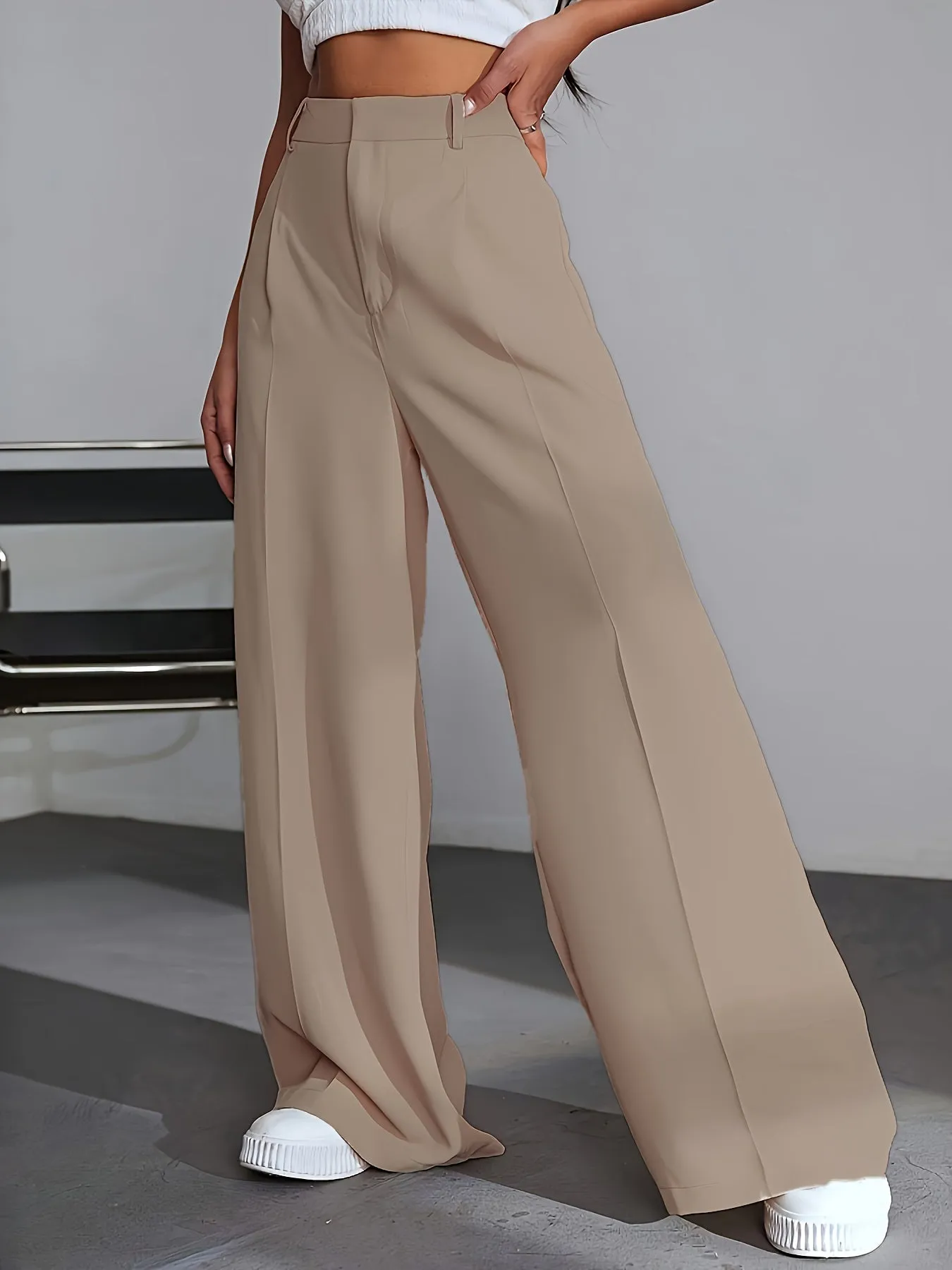 Women's High Waisted Wide Leg Trousers - Pleated Style sold by Elvoria London product image thumbnail 3