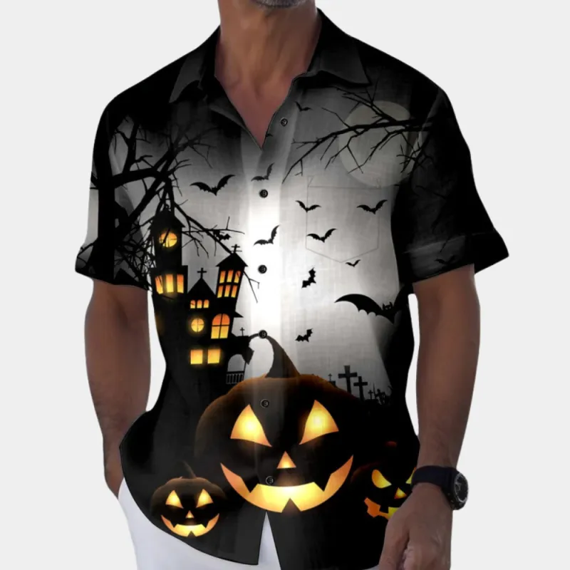 Men's Halloween Short Sleeve Shirt - Spooky Haunted House Print made by Elvoria London