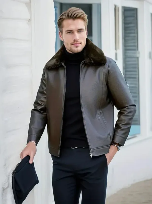 Men's Brown Leather Jacket - Stylish & Warm Fur Collar sold by Elvoria London