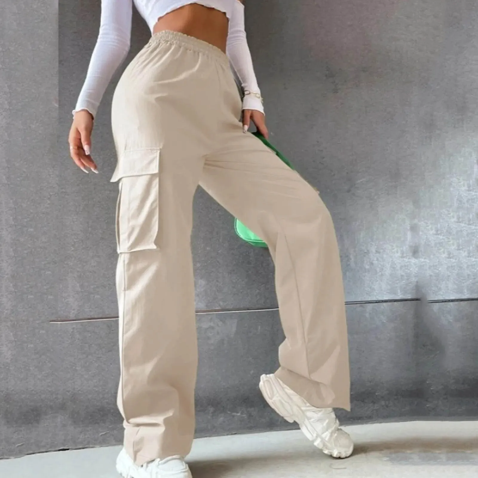 Women's High-Waisted Cargo Trousers - Wide Leg with Multi-Pockets sold by Elvoria London product image thumbnail 2