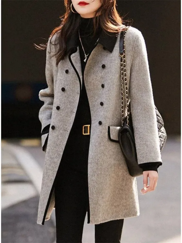 Women's Grey Winter Coat - Double-Breasted with Black Trim sold by Elvoria London