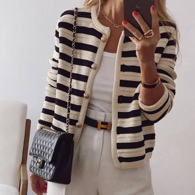 Women's Striped Knitted Cardigan - Elegant Outerwear sold by Elvoria London