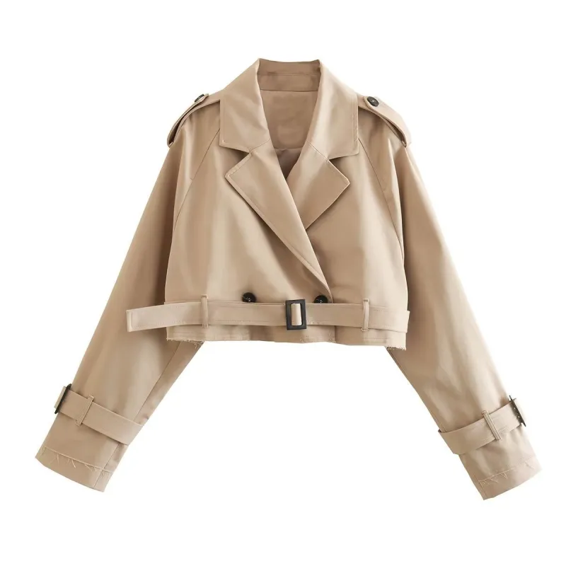 Women's Stylish Crop Trench Coat - Elegant Belt Design sold by Elvoria London