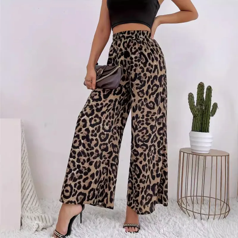 Women's Leopard Print Wide Trousers - Flowing Material Elastic Waist sold by Elvoria London