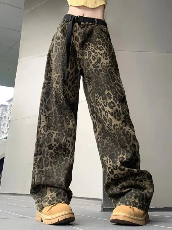 Women's Vintage Leopard Print Wide Leg Jeans - Streetwear Hip Hop sold by Elvoria London
