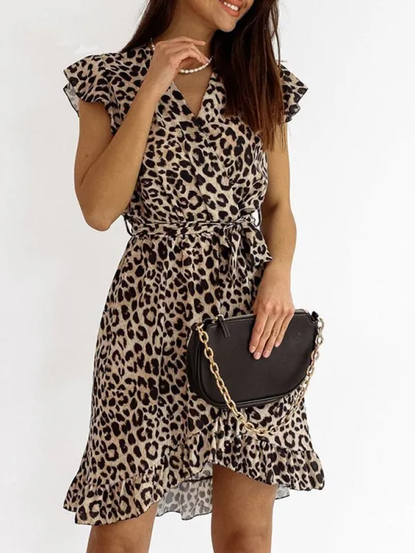 Women's Brown Leopard Print Wrap Mini Dress - Ruffle Detail Casual Party sold by Elvoria London