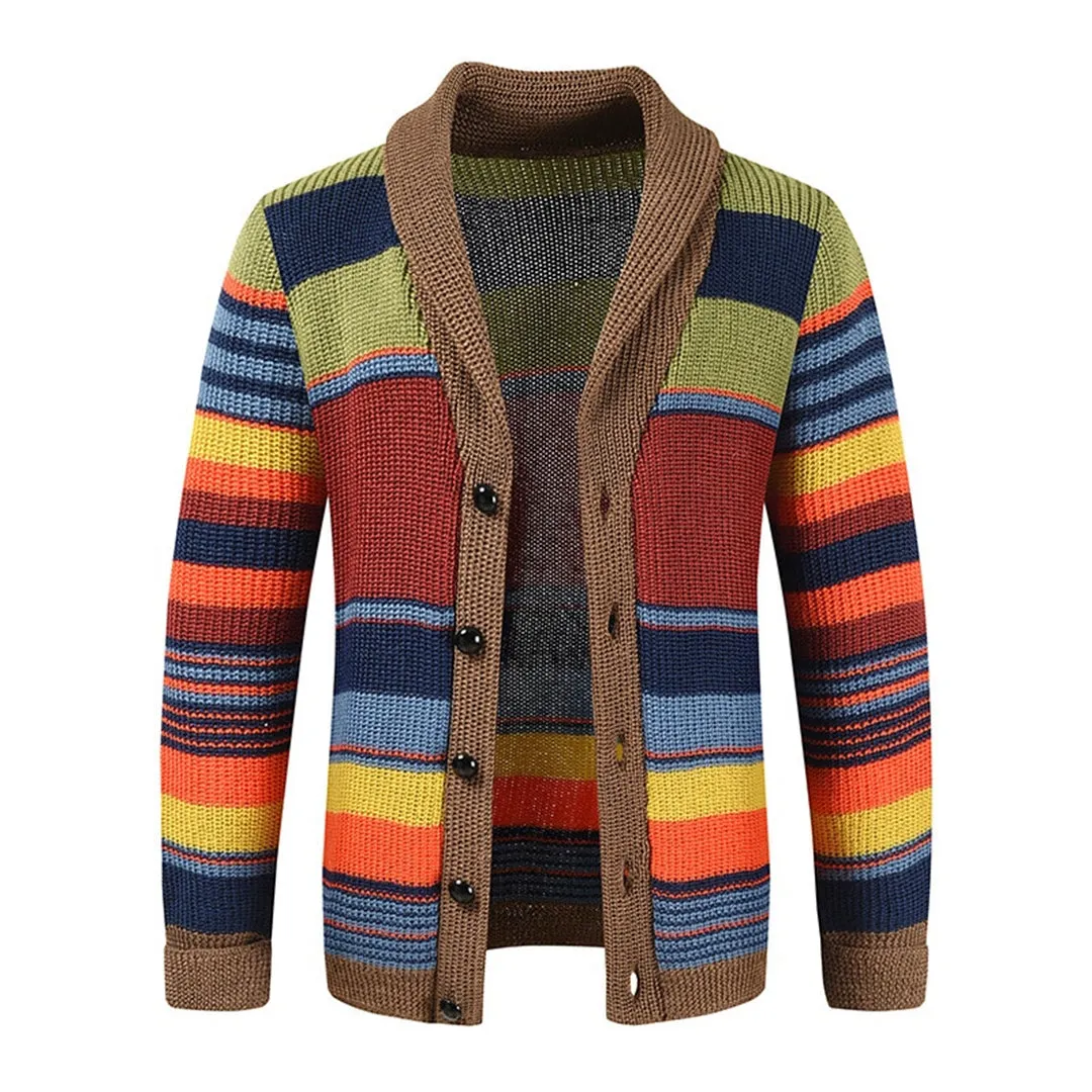 Men's Multicolour Vintage Knit Button Cardigan - Striped All-Season Sweater sold by Elvoria London