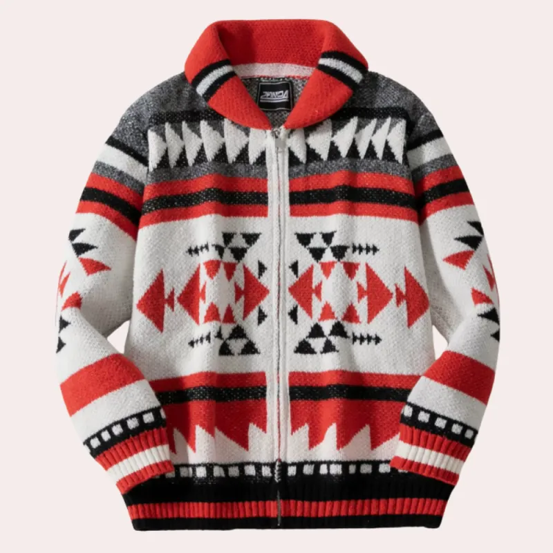 Men's Red Modern Cardigan - Zippered Collar & Slim Fit sold by Elvoria London