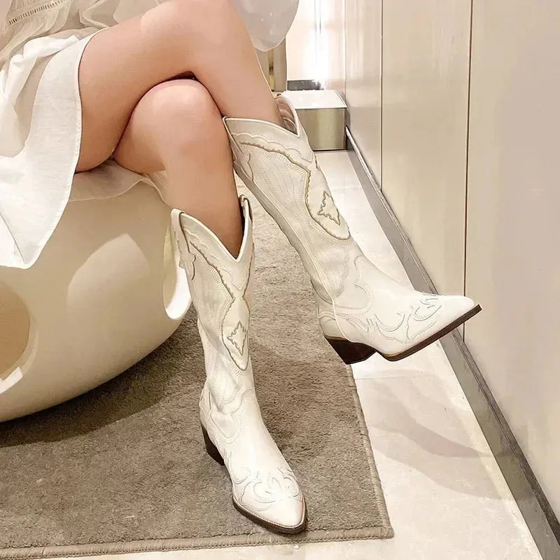 Women's Beige Calf-Length Western Cowboy Boots - Embroidered & Comfortable sold by Elvoria London