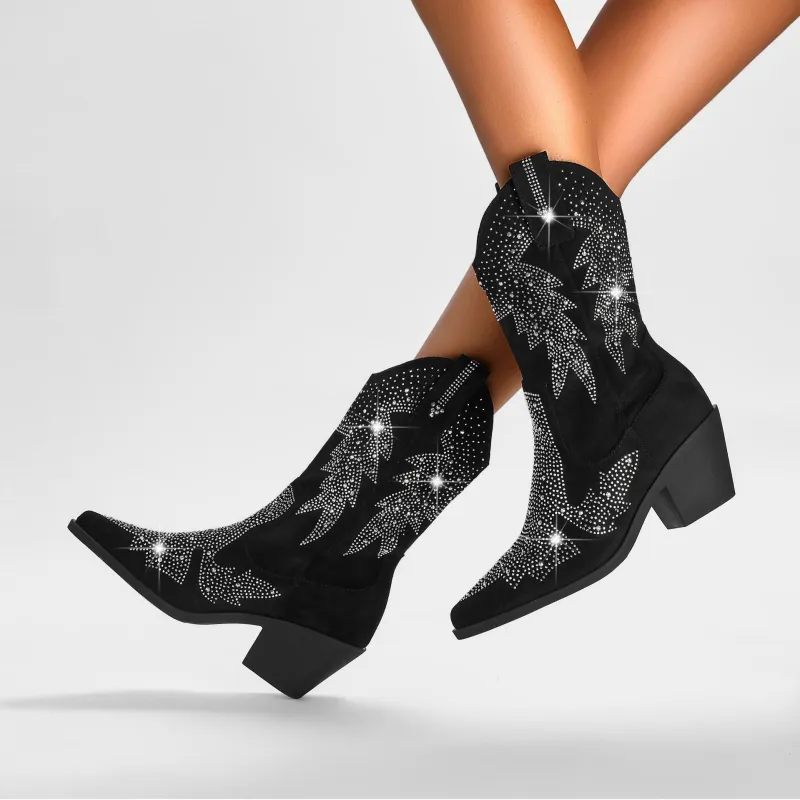 Women's Black Mid-Calf Cowboy Boots - Rhinestone & Suede sold by Elvoria London