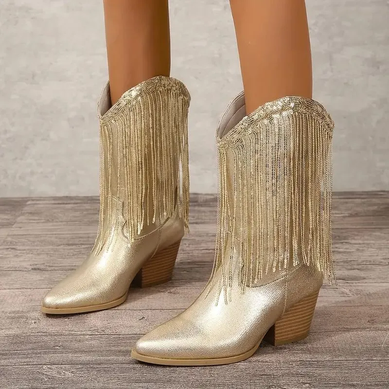 Women's Mid-Calf Cowboy Boots - Sequin & Fringe sold by Elvoria London