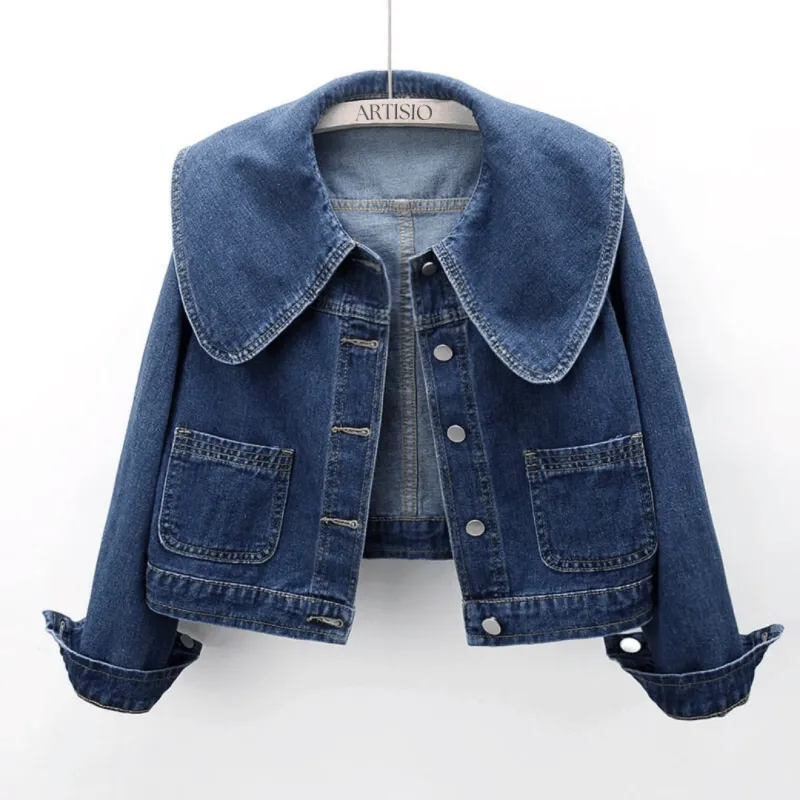 Women's Blue Denim Jacket - Sailor Collar Vintage Crop sold by Elvoria London