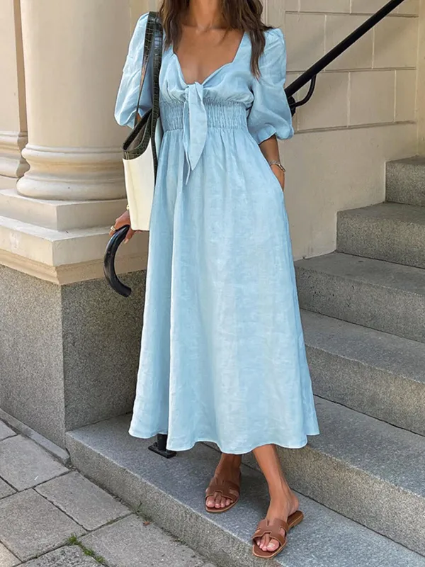 Women's Light Blue Linen Midi Dress - Front Tie Puff Sleeve sold by Elvoria London