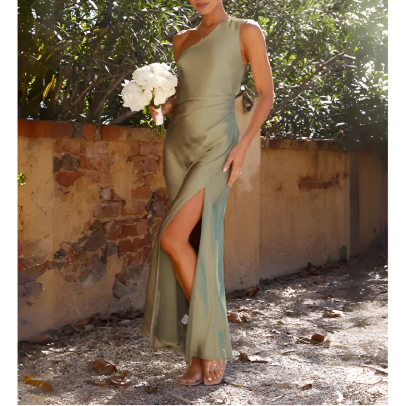 Women's Green One-Shoulder Maxi Dress - Elegant Wedding Guest Gala sold by Elvoria London