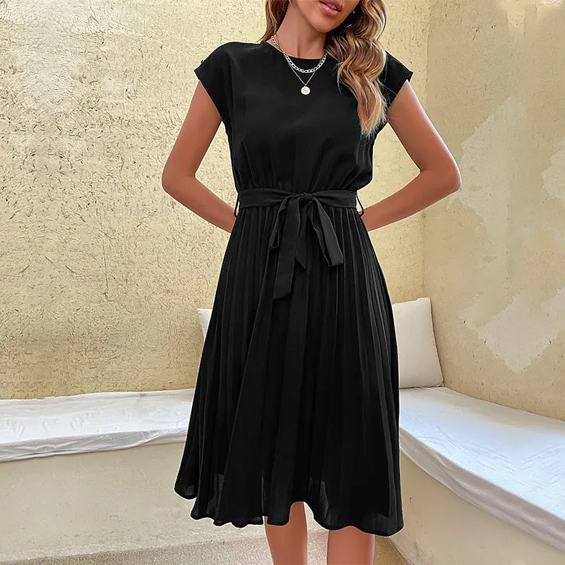 Women's Pleated A-Line Dress - Adjustable Tie Waist Midi Style sold by Elvoria London