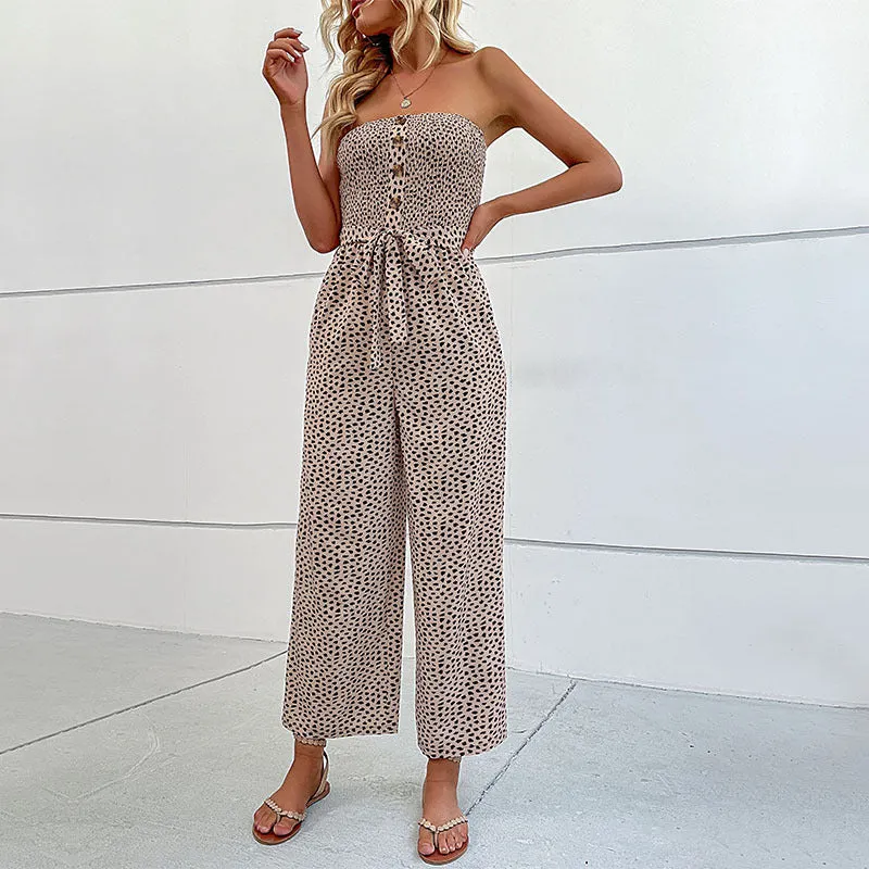 Women's Strapless Wide-Leg Jumpsuit - Button Details, Comfortable Summer sold by Elvoria London