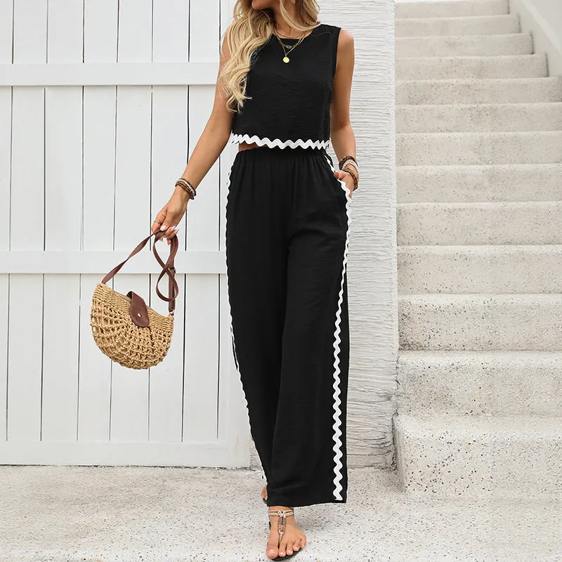 Women's Black Crop Top & Palazzo Trousers Set - Wide Leg, Comfortable Summer sold by Elvoria London
