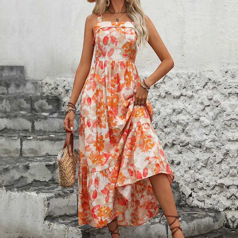 Women's Light Orange Tiered Floral Midi Dress - Spaghetti Straps, Flowy Summer sold by Elvoria London