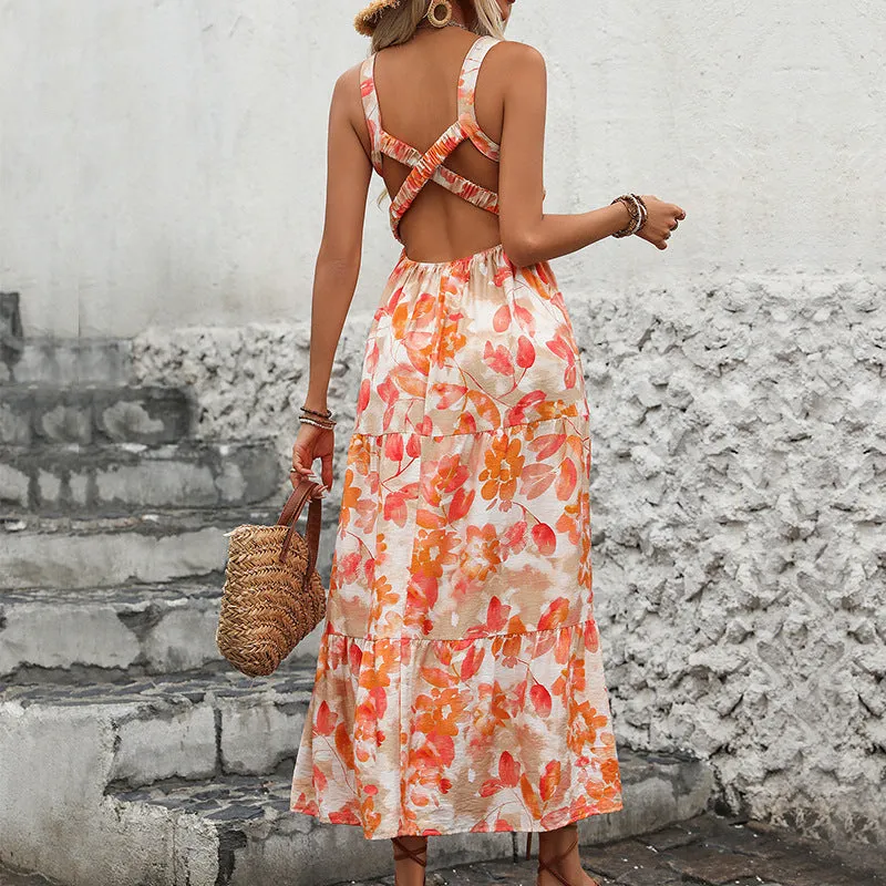 Women's Light Orange Tiered Floral Midi Dress - Spaghetti Straps, Flowy Summer sold by Elvoria London product image thumbnail 2