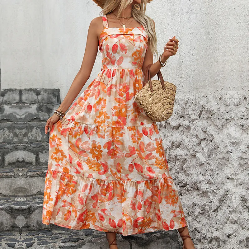 Women's Light Orange Tiered Floral Midi Dress - Spaghetti Straps, Flowy Summer sold by Elvoria London product image thumbnail 3