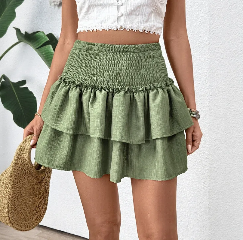 Women's Green Layered Ruffle Mini Skirt - Elastic Waist, Playful Summer sold by Elvoria London