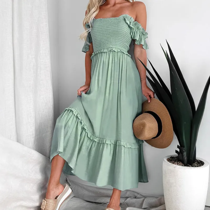 Women's Green Tiered Smocked Midi Dress - Ruffle Details, Flowy & Versatile sold by Elvoria London
