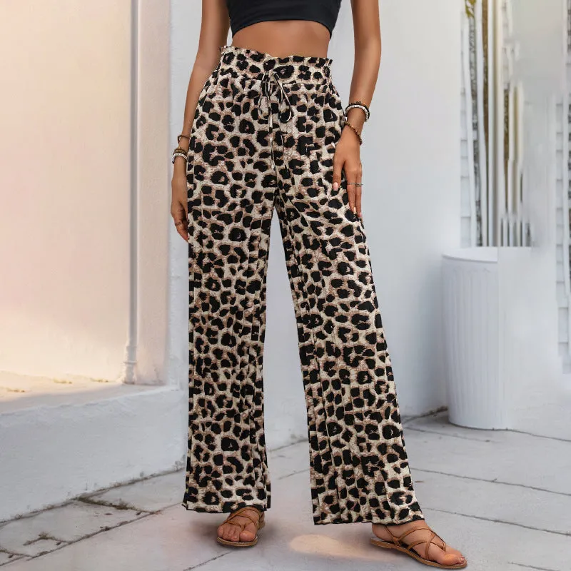 Women's Black Leopard Print Wide-Leg Trousers- Loose Fit, Adjustable Waist sold by Elvoria London