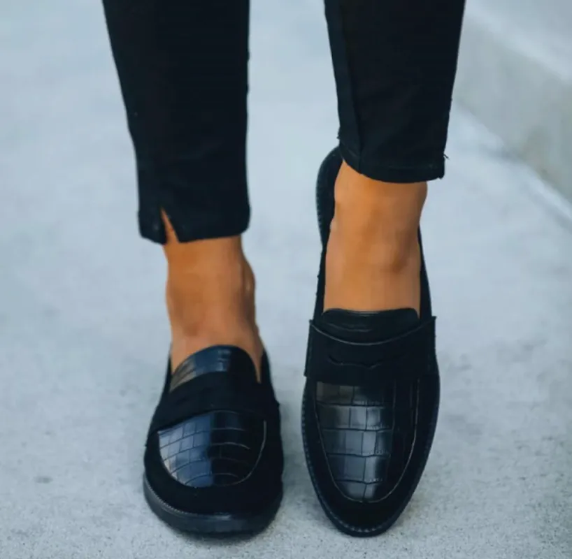 Classic Black Croc-Texture Loafers for Women sold by Elvoria London