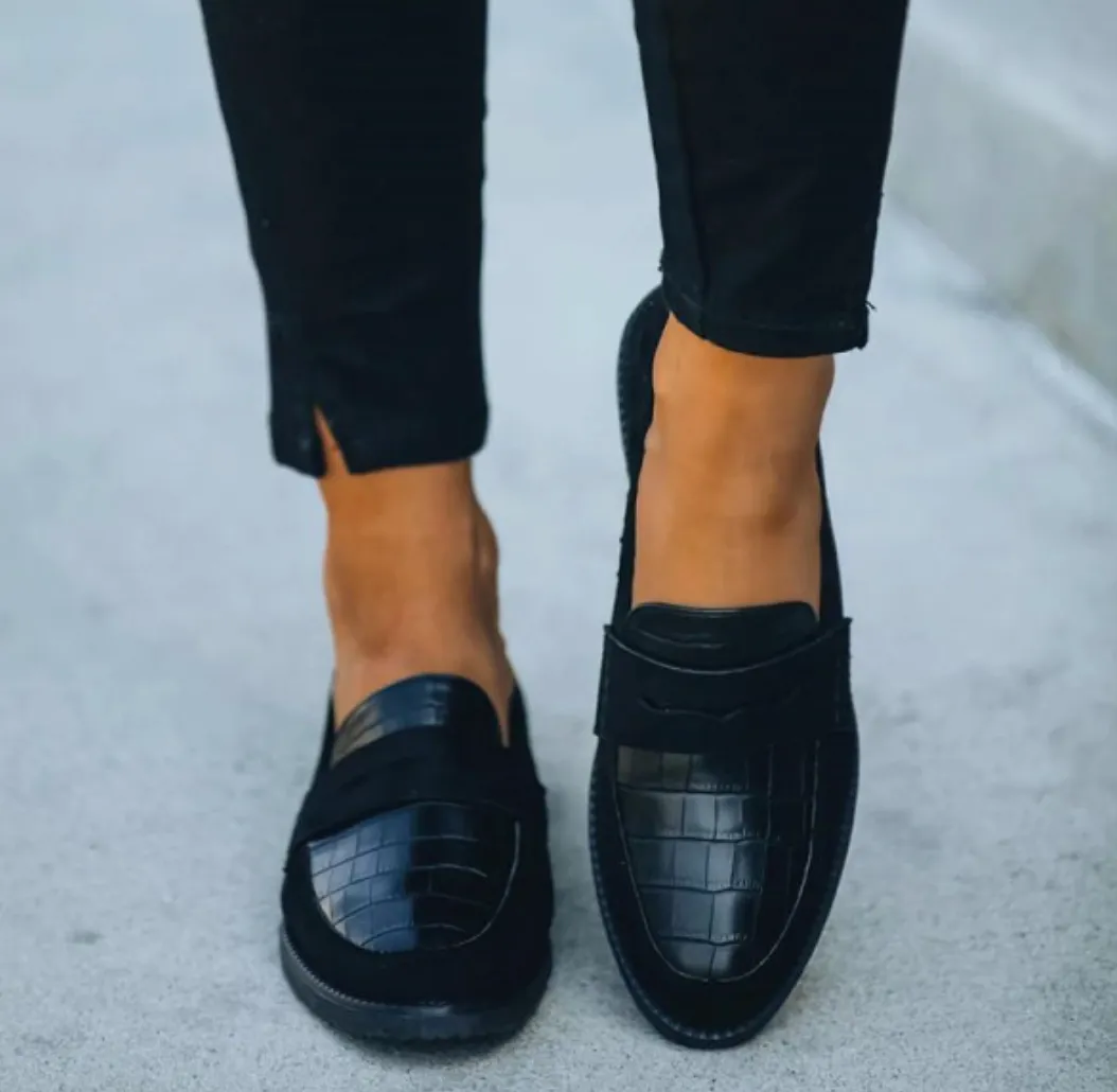 Classic Black Croc-Texture Loafers for Women sold by Elvoria London
