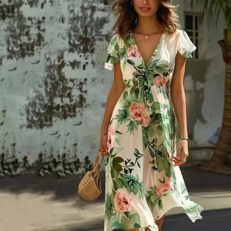 Elegant Green Floral Midi Dress for Women sold by Elvoria London