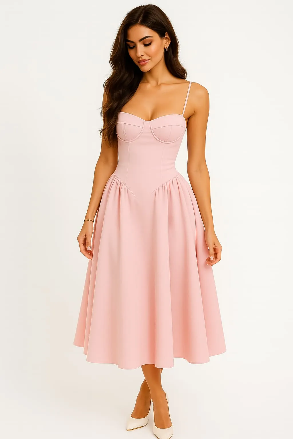 Pink Wedding Guest Dress for Women, Corset Bodice A-Line Midi Dress sold by Elvoria London
