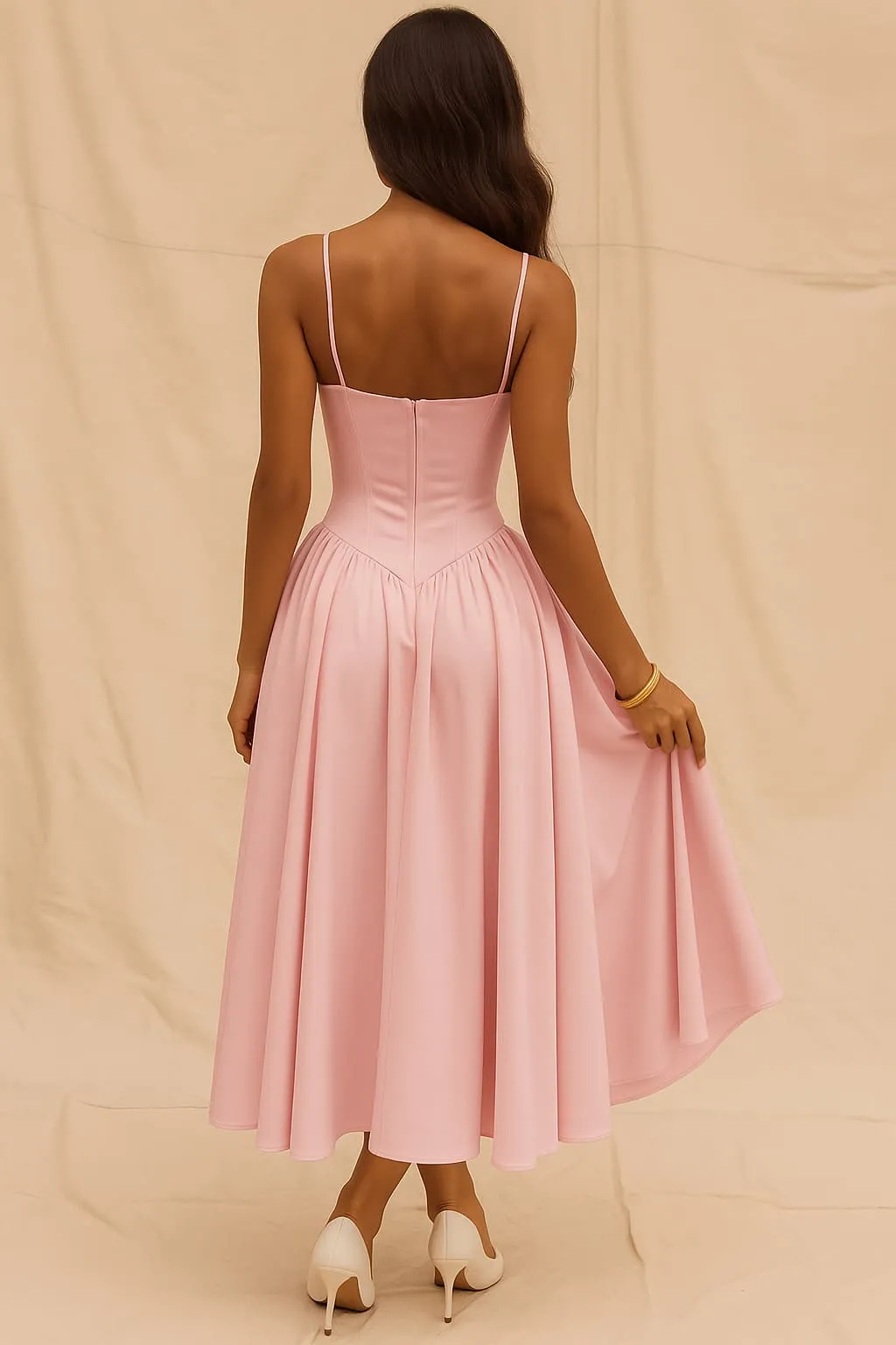 Pink Wedding Guest Dress for Women, Corset Bodice A-Line Midi Dress sold by Elvoria London product image thumbnail 2