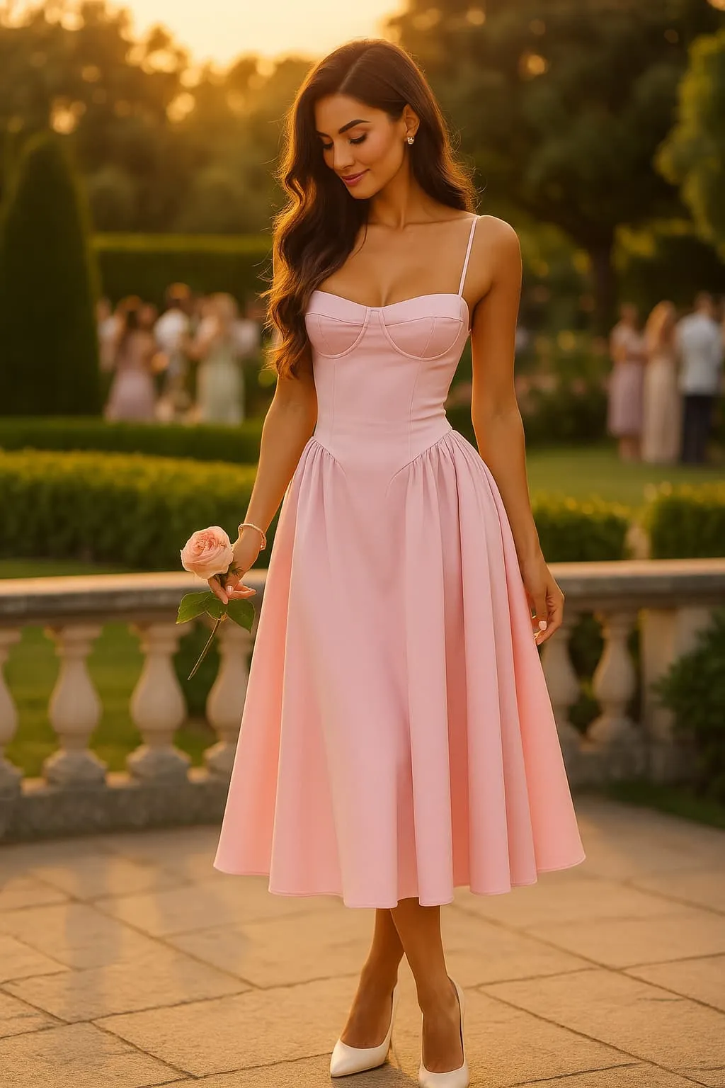 Pink Wedding Guest Dress for Women, Corset Bodice A-Line Midi Dress sold by Elvoria London product image thumbnail 3