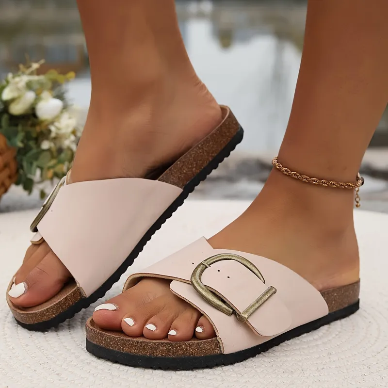 Comfortable Slip-On Sandals with Buckle Detail for Women sold by Elvoria London