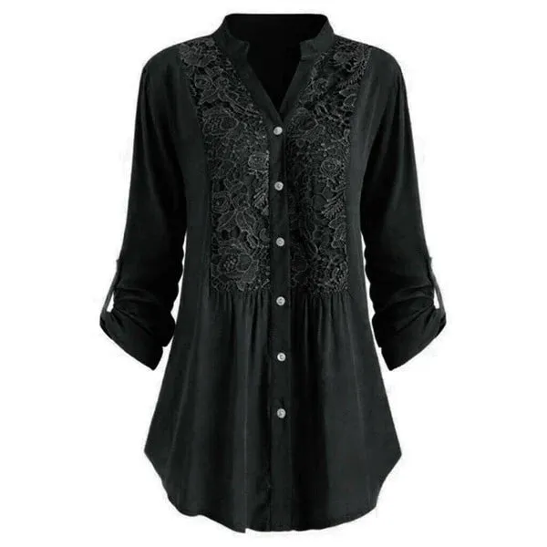 Elegant Longline Lace Button-Down Blouse for Women sold by Elvoria London