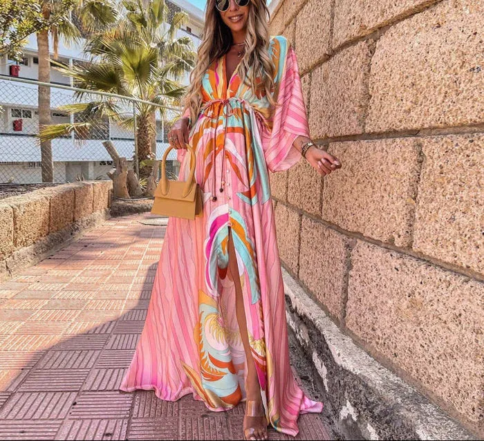 Colourful and Elegant Flowy Maxi Dress with Kimono Sleeves for Women sold by Elvoria London