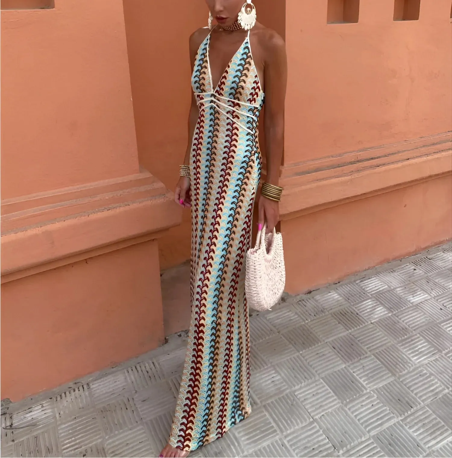 Colourful and Elegant Patterned Halter Neck Maxi Dress for Women sold by Elvoria London