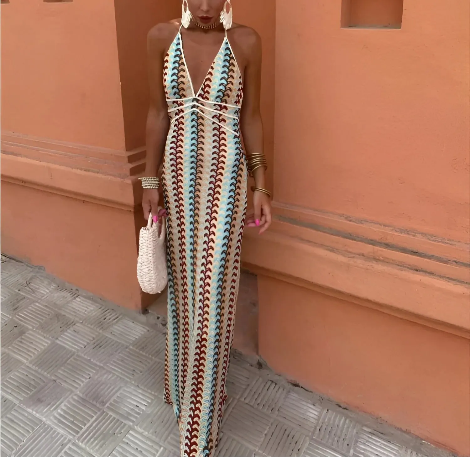 Colourful and Elegant Patterned Halter Neck Maxi Dress for Women sold by Elvoria London product image thumbnail 3