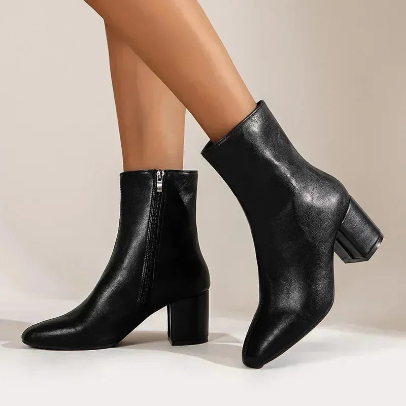 Women's Boots - Chunky Block Heel with Square Toe sold by Elvoria London