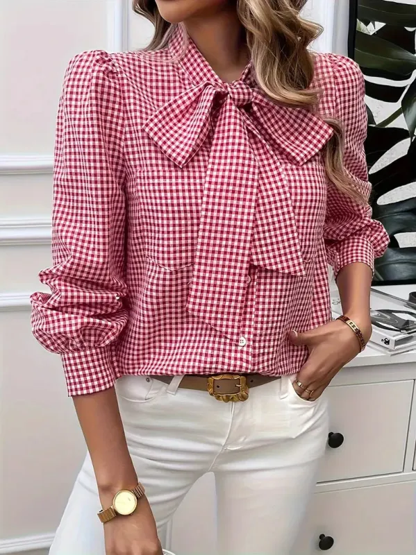 Clarisse - Elegant Checked Blouse with Bow Tie for Women sold by Elvoria London