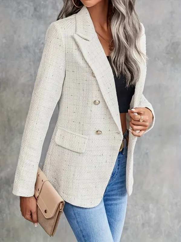 Women's Beige Blazer - Double-Breasted with Notch Lapel Collar sold by Elvoria London