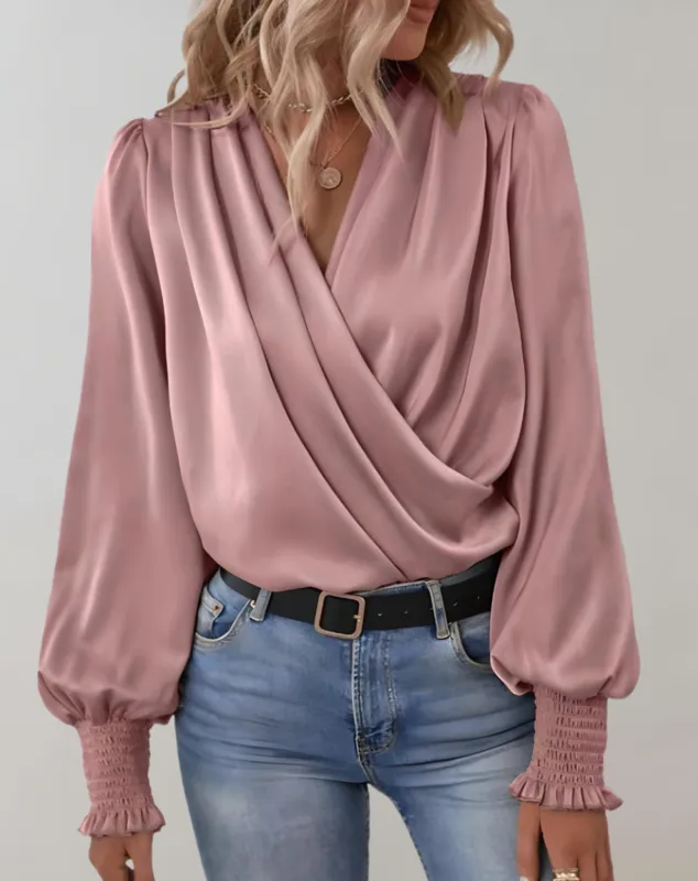 Women's Satin Wrap Blouse - V-Neck with Ruched Cuffs sold by Elvoria London