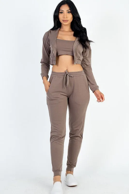 Cropped Cami with Zip-up Jacket and Joggers Set sold by Deluxxie product image thumbnail 4