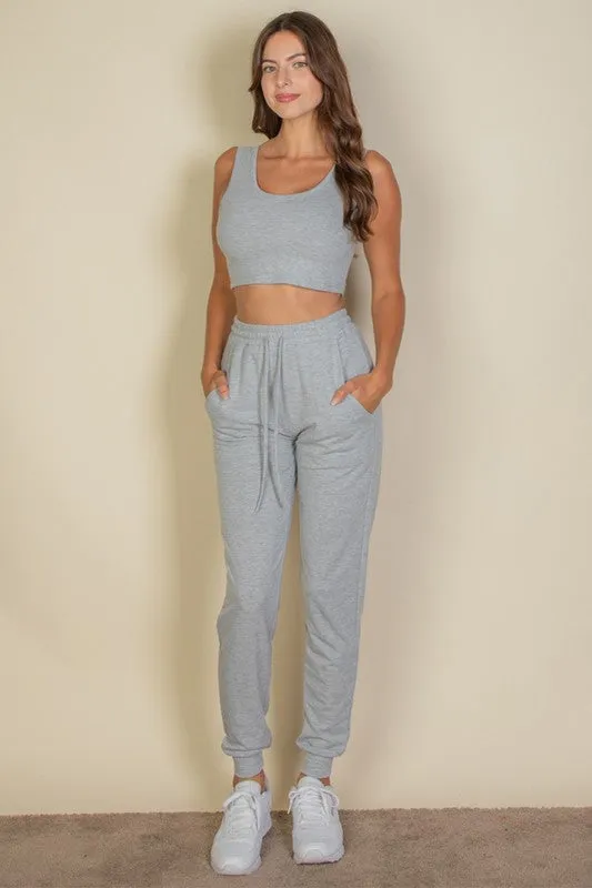 French Terry Cropped Tank Top & Joggers Set sold by Deluxxie
